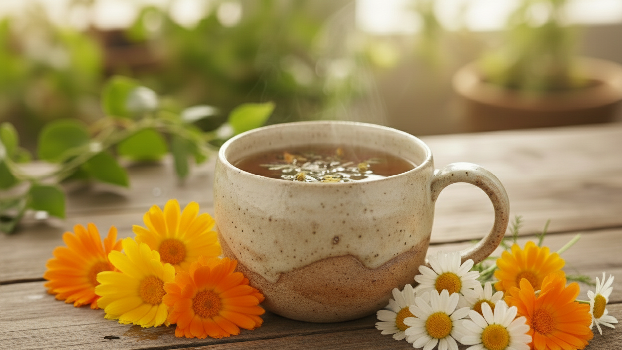 foto di una tazza di una tisana naturale, decorata con erbe officinali con sfondo naturale