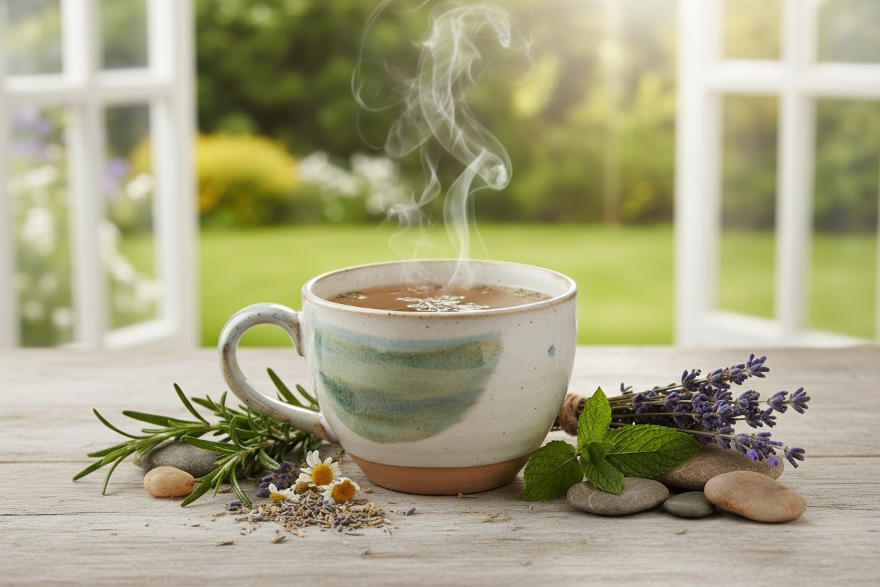 foto di una tazza contenente un infuso, decorata con erbe aromatiche con sfondo naturale